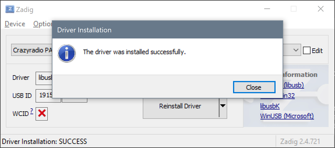 Zadig dialog reporting successful driver installation